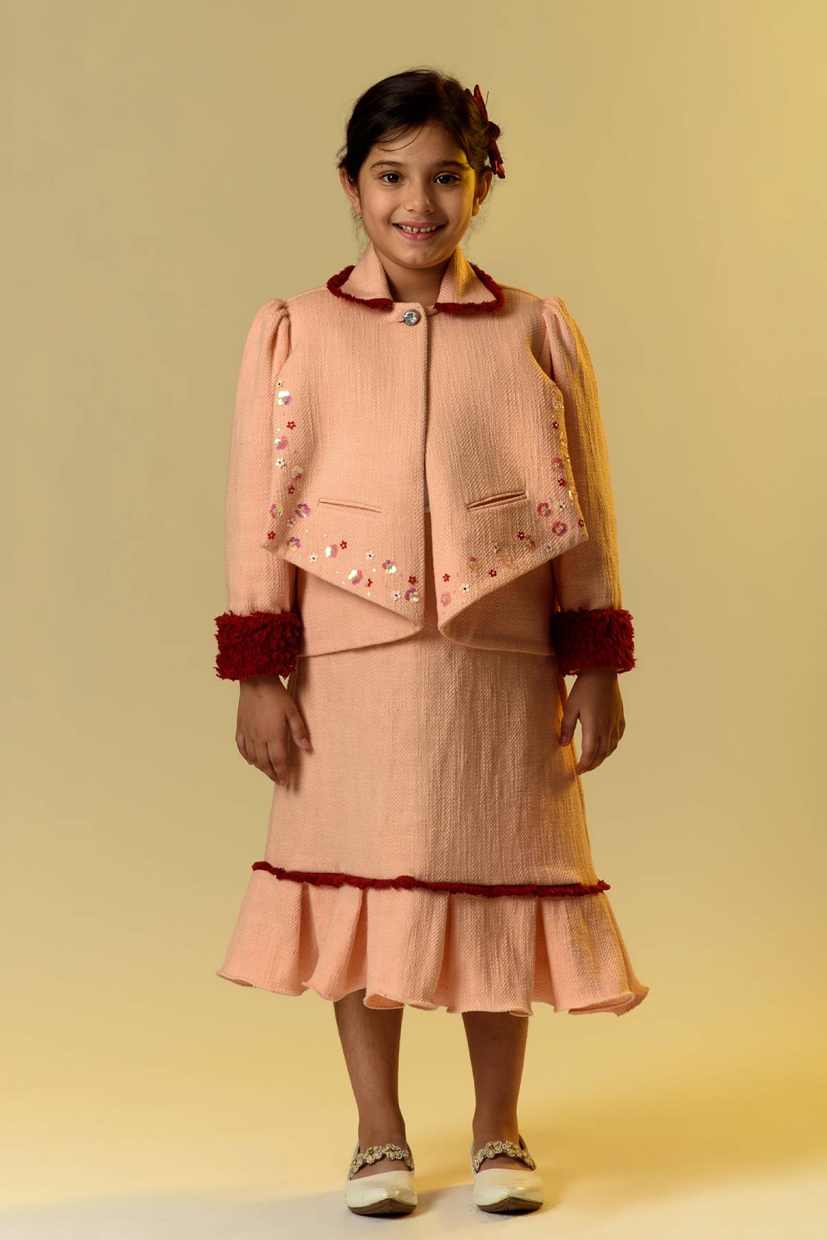 Buy Kids Designer Littleens Fusion set with monochrome blazer with puff sleeves, double laered front, classic cut and fur dtails paired with matching skirt Online at ScrollnShops